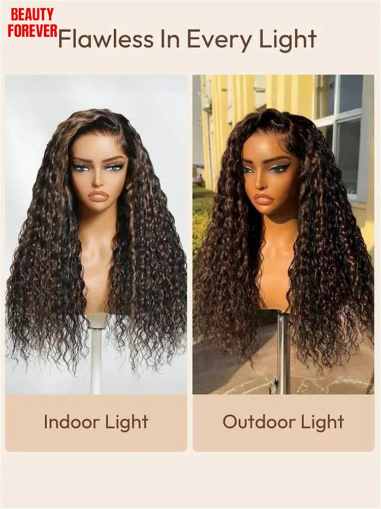 Beauty Forever 7x5 Golden Brown Human Hair Wig Water Wave Pre Cut HD Transparent Lace Pre Bleached Tiny Knots Glueless Wig