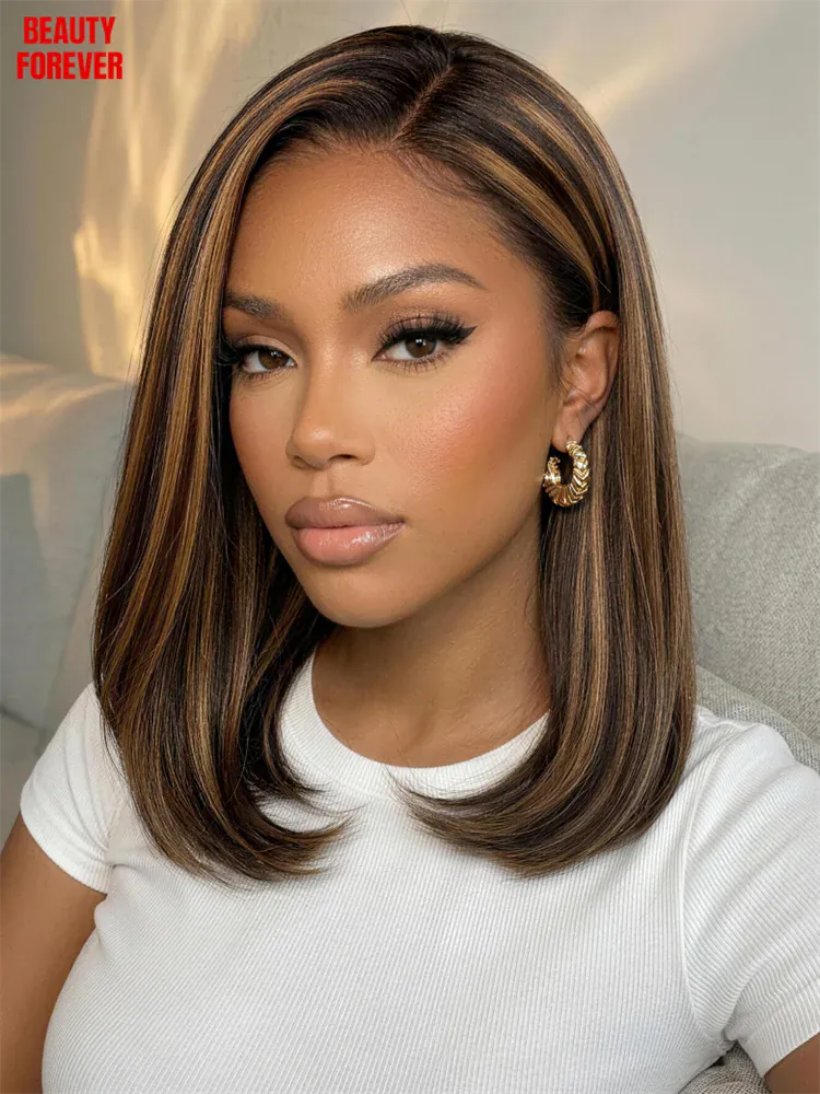 Beautyforever 7x5 Bye Bye Knots Glueless BOB Wig Balayage Brown Highlight Bob Human Hair Wig with Drawstring Ready to Wear