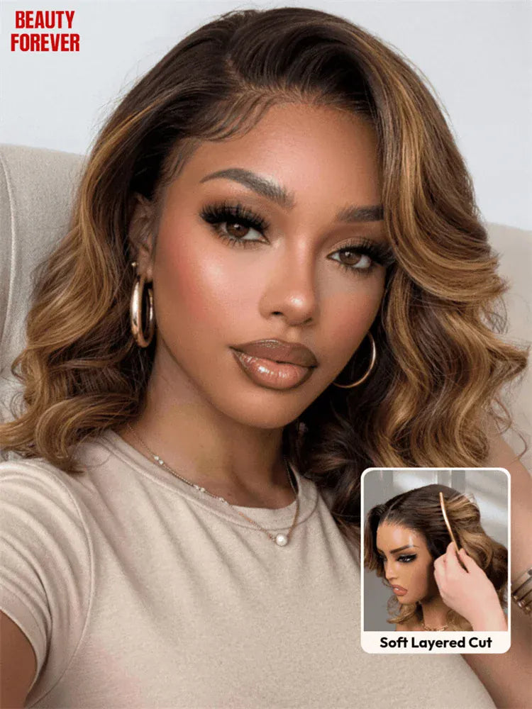 Beautyforever 7x5 Bye Bye Knots Glueless BOB Wig Balayage Brown Highlight Bob Human Hair Wig with Drawstring Ready to Wear