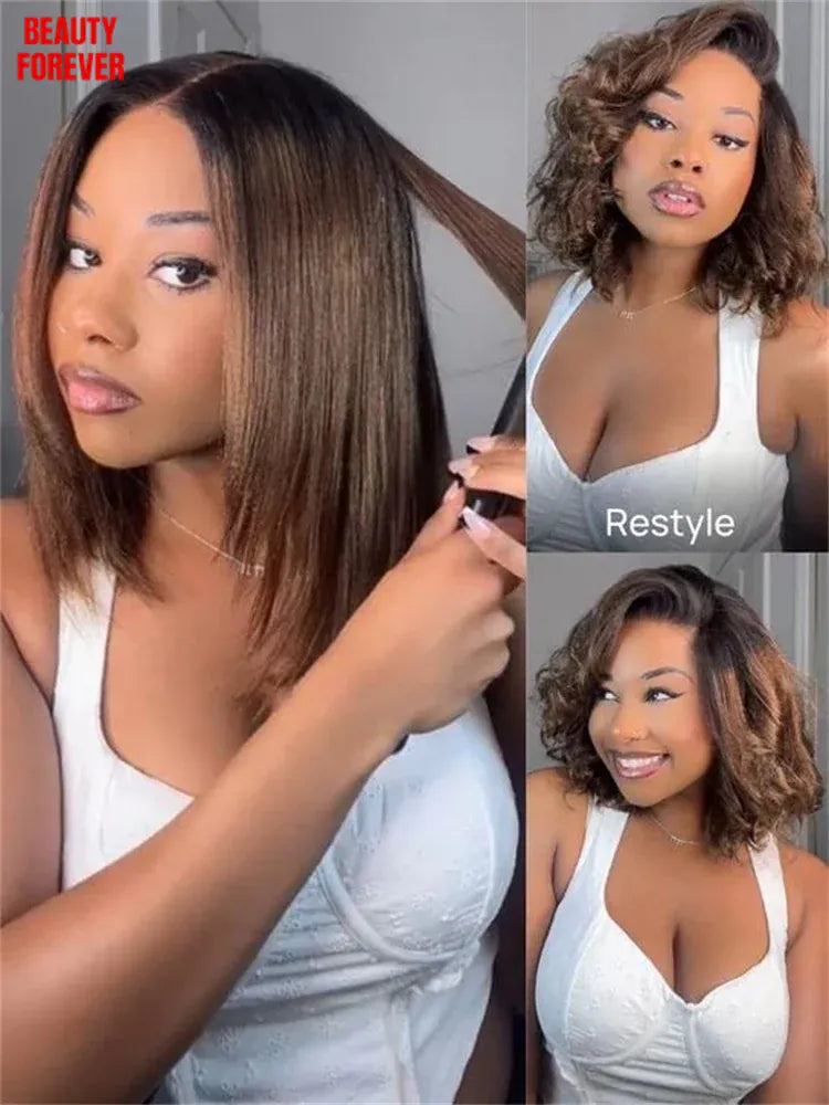 Beautyforever 7x5 Bye Bye Knots Glueless BOB Wig Balayage Brown Highlight Bob Human Hair Wig with Drawstring Ready to Wear