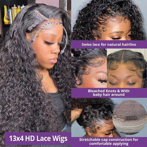 (Bella) Brazilian Water Wave Human Hair HD Lace Front Wig 13x4 or 13x6, 18-40 Inch, 200%-250% Density