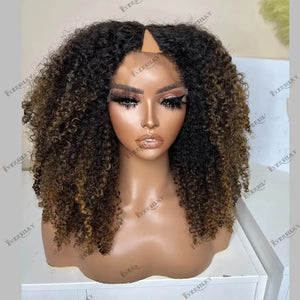 Black Women Human Hair V Part Wigs Highlight Afro Curly Golden Brown Machine Made Cheap Wigs Easy Install U Part Wigs Remy India