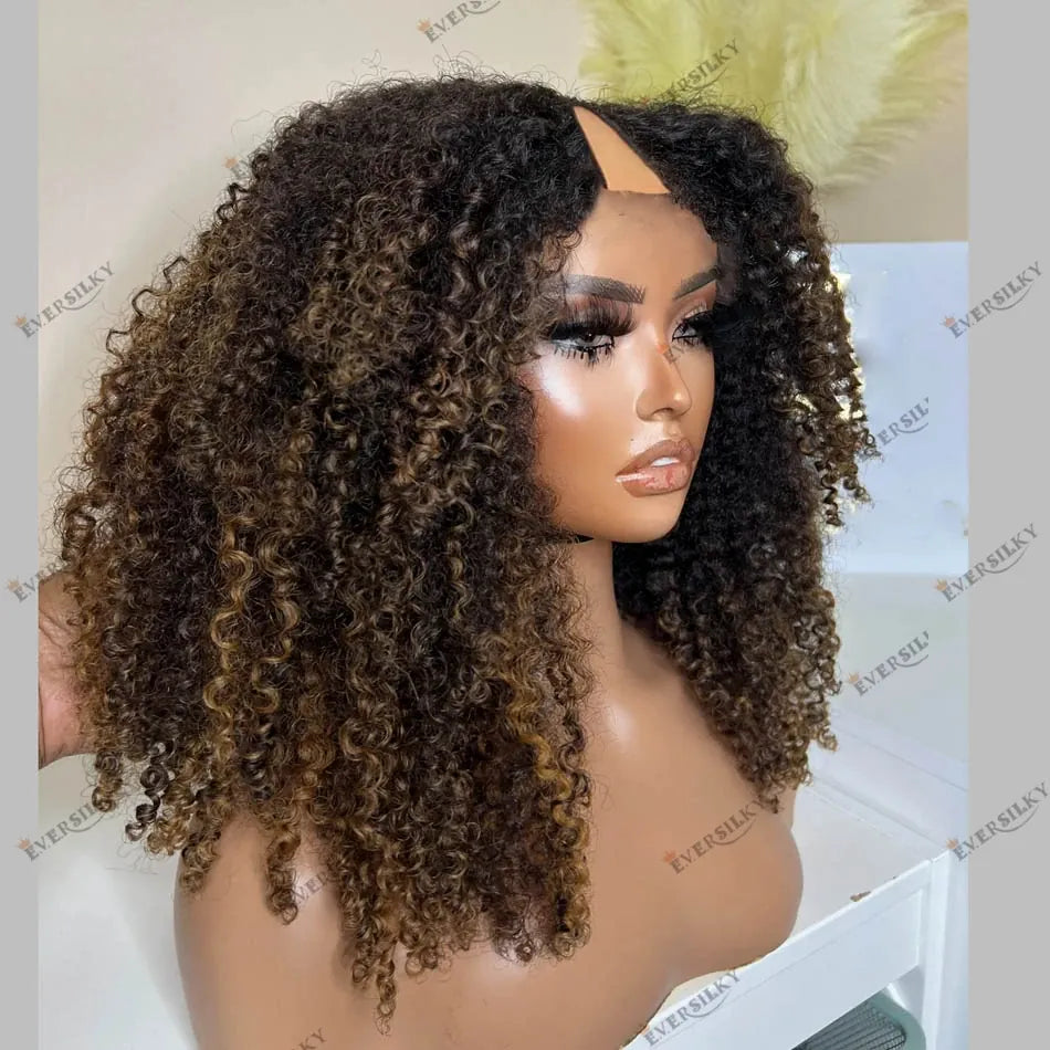 Black Women Human Hair V Part Wigs Highlight Afro Curly Golden Brown Machine Made Cheap Wigs Easy Install U Part Wigs Remy India
