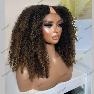 Black Women Human Hair V Part Wigs Highlight Afro Curly Golden Brown Machine Made Cheap Wigs Easy Install U Part Wigs Remy India
