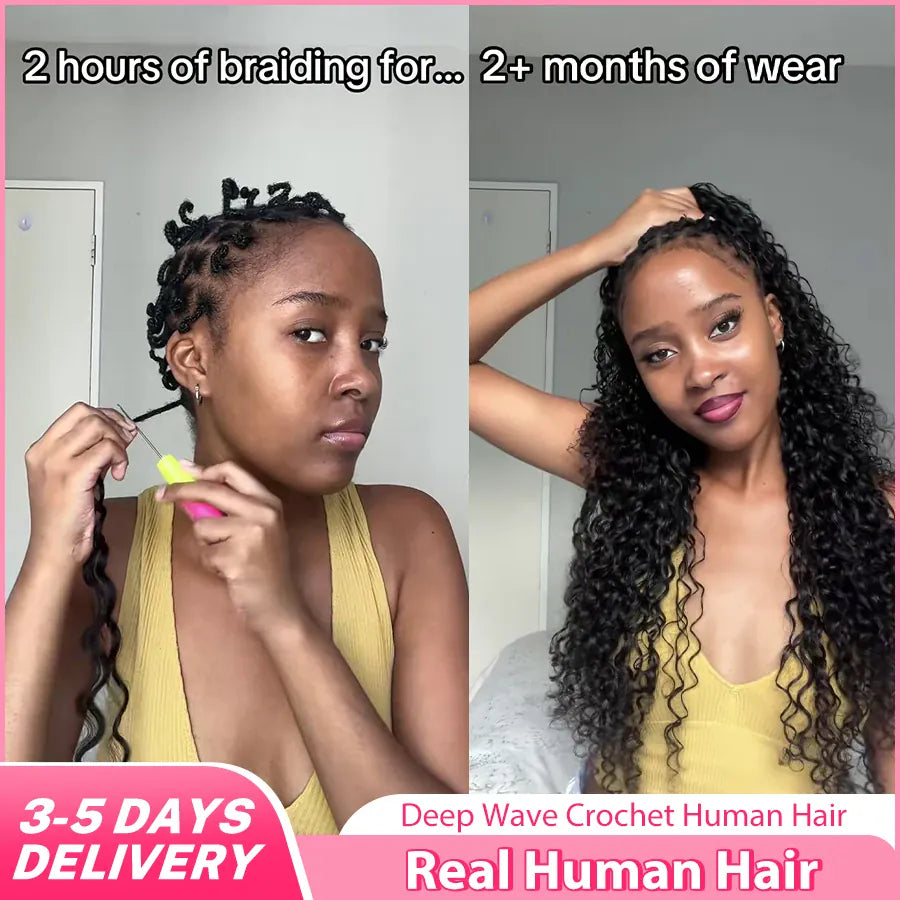 Bob Hairstyle Deep Wave Crochet Human Hair Bundles Boho Braid Hair Remy Pre-Separated Feather Invisible Crochet Hair Extensions
