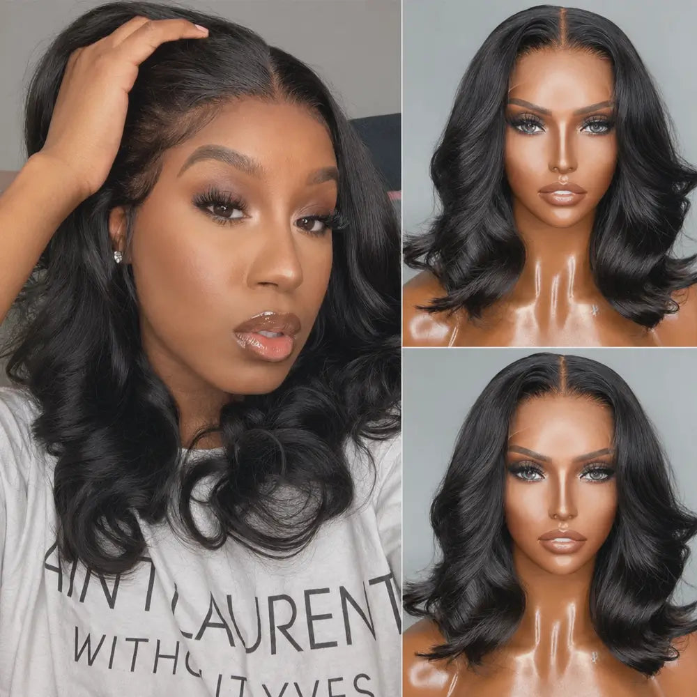 (Amberly) Body Wave Bob Human Hair HD Lace Front Wig 13x4, Glueless Wear and Go, Pre-Plucked with Baby Hair