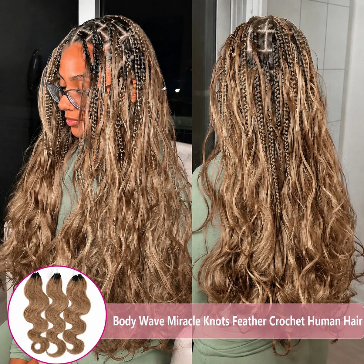 Body Wave Feather Crochet Human Hair Extensions Miracle Knots Honey Blonde Pre Separated Knotless Invisible Crochet Braids Human Braiding Hair Lightweight Comfortable Reusable Boho Hairstyle For Women