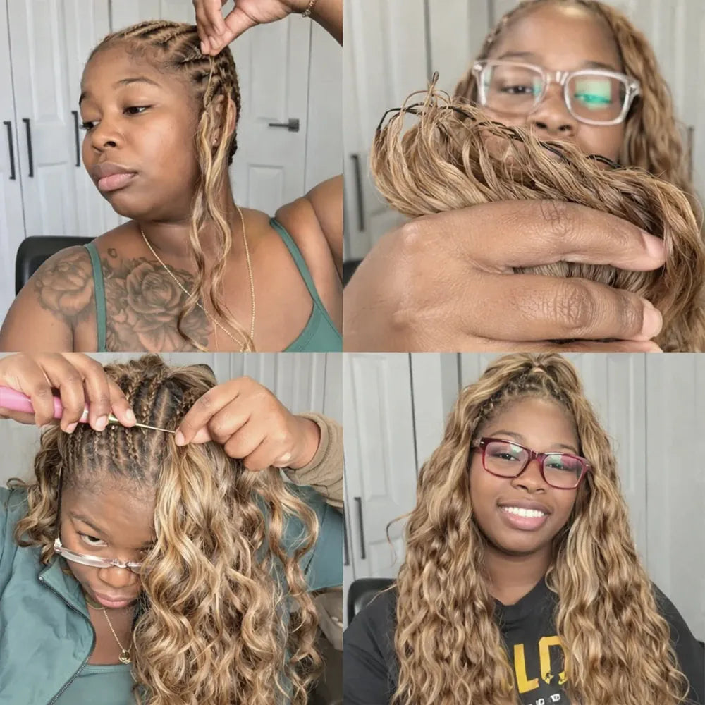 Body Wave Feather Crochet Human Hair Extensions Miracle Knots Honey Blonde Pre Separated Knotless Invisible Crochet Braids Human Braiding Hair Lightweight Comfortable Reusable Boho Hairstyle For Women