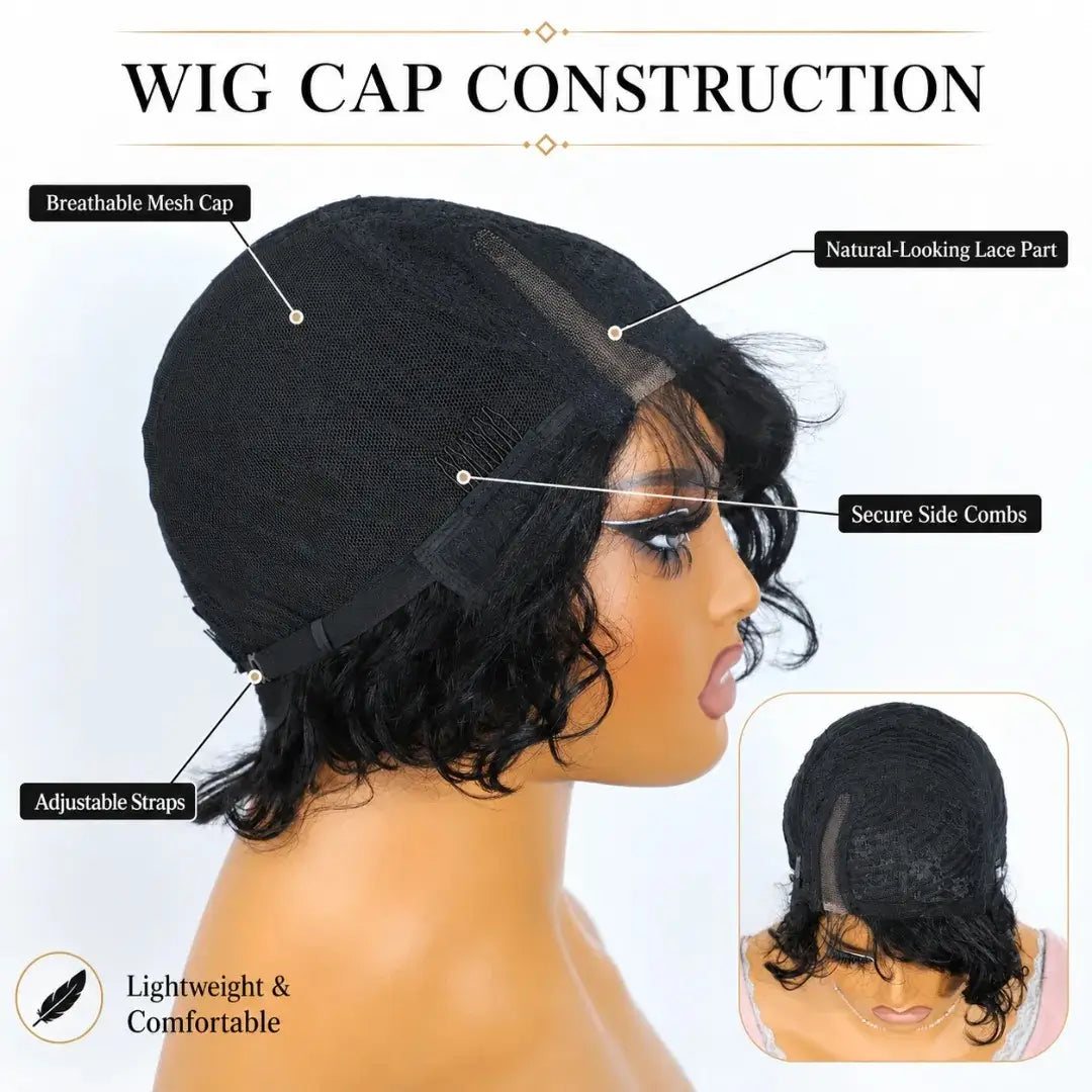 (Wadjet) Body Wave Pixie Cut Human Hair Lace Wig, Short Brazilian Style with Baby Hair