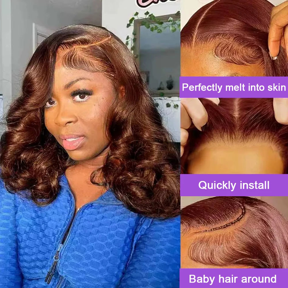 Body Wave Short Bob Wig 250% Density Chocolate Brown 13x4 Lace Front Wig 100% Human Hair Lace Wigs Loose Wave Bob Wigs For Women