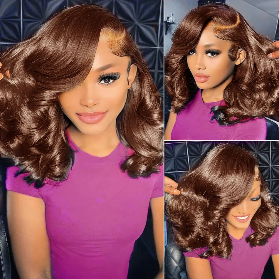 Body Wave Short Bob Wig 250% Density Chocolate Brown 13x4 Lace Front Wig 100% Human Hair Lace Wigs Loose Wave Bob Wigs For Women