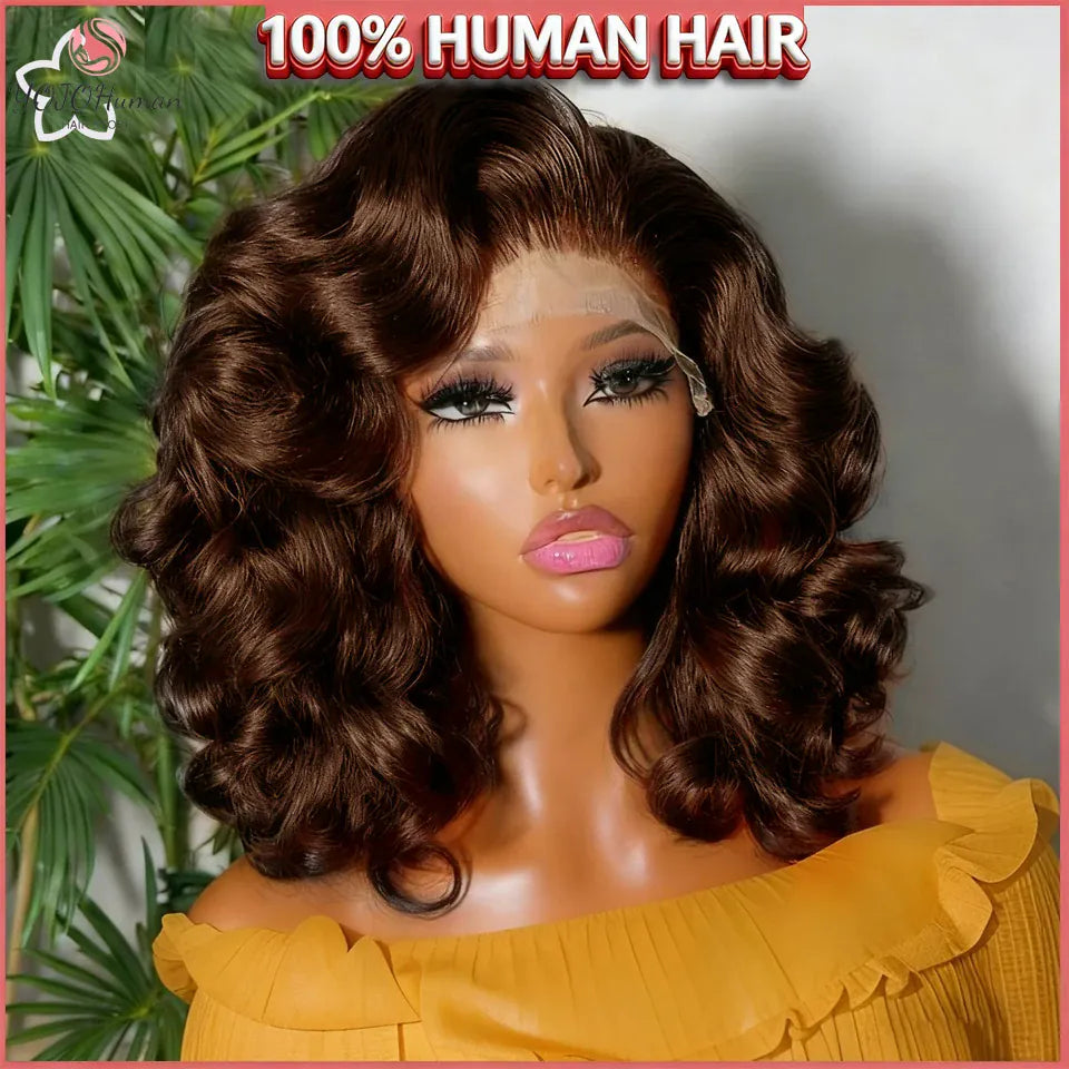 Body Wave Short Bob Wig 250% Density Chocolate Brown 13x4 Lace Front Wig 100% Human Hair Lace Wigs Loose Wave Bob Wigs For Women