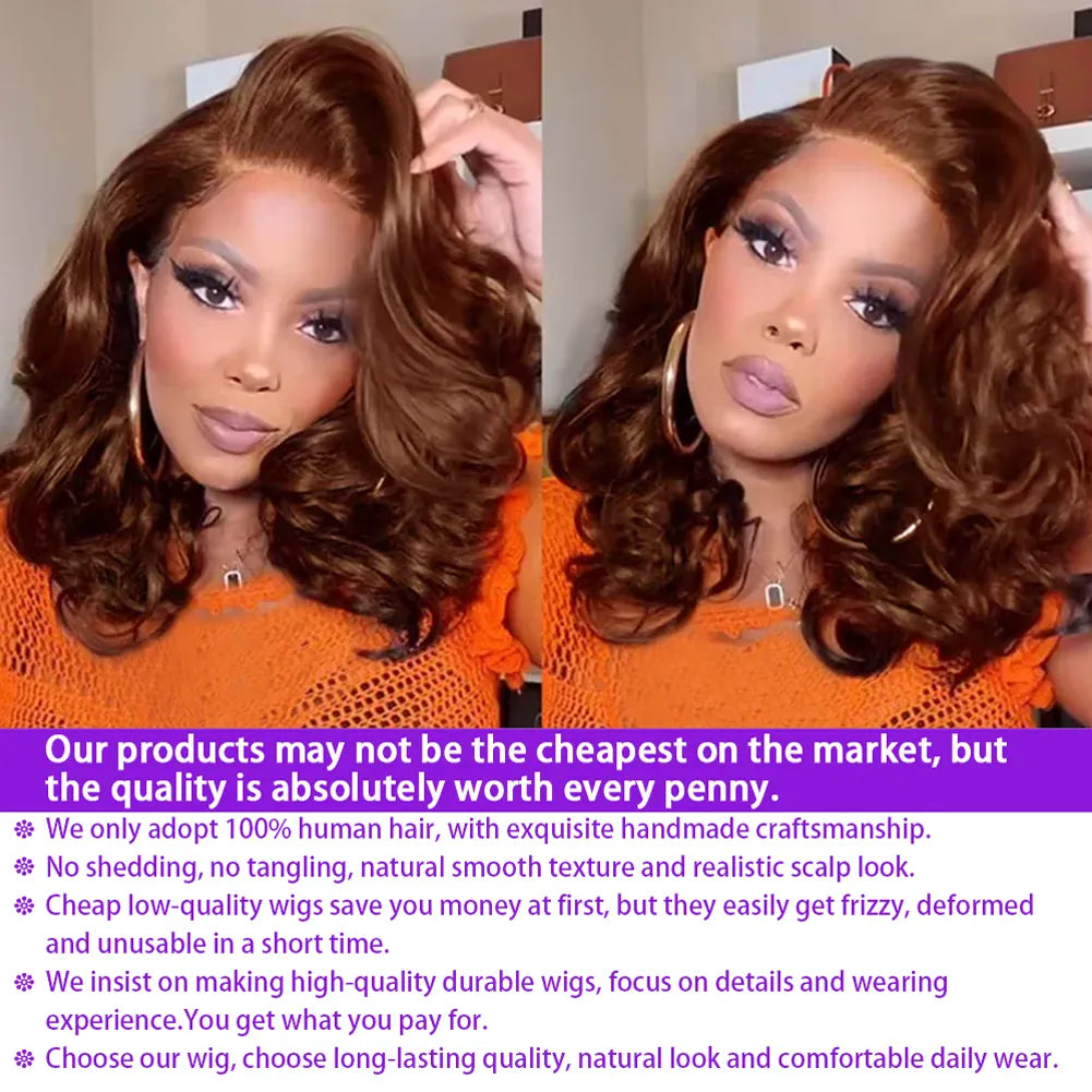 Body Wave Short Bob Wig 250% Density Chocolate Brown 13x4 Lace Front Wig 100% Human Hair Lace Wigs Loose Wave Bob Wigs For Women