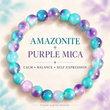 Amazonite and purple mica beaded bracelet, bohemian crystal stone jewelry for calm and self-expression
