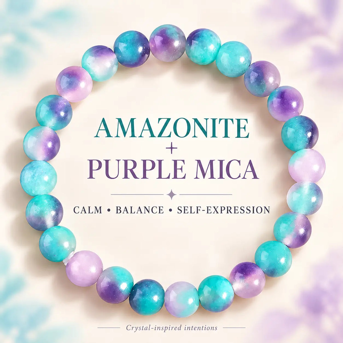 Amazonite and purple mica beaded bracelet, bohemian crystal stone jewelry for calm and self-expression