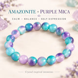 Amazonite and purple mica beaded bracelet, bohemian crystal stones for calm, balance, and self-expression