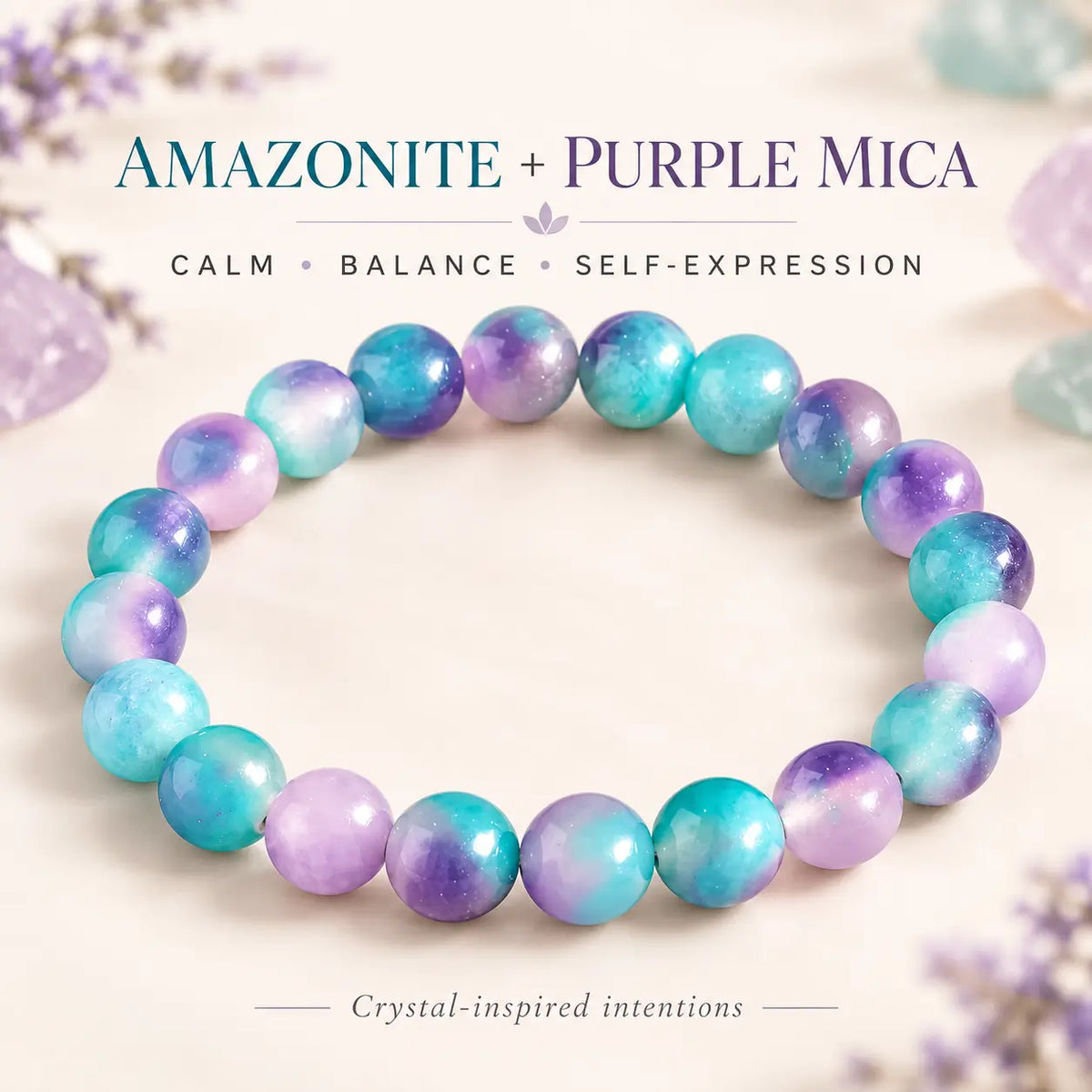 Amazonite and purple mica beaded bracelet, bohemian crystal stones for calm, balance, and self-expression