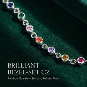 Bohemian Rainbow CZ Charm Chain Bracelet in 925 Sterling Silver for Women