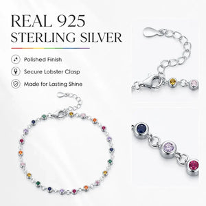 Bohemian Rainbow CZ Charm Chain Bracelet in 925 Sterling Silver for Women
