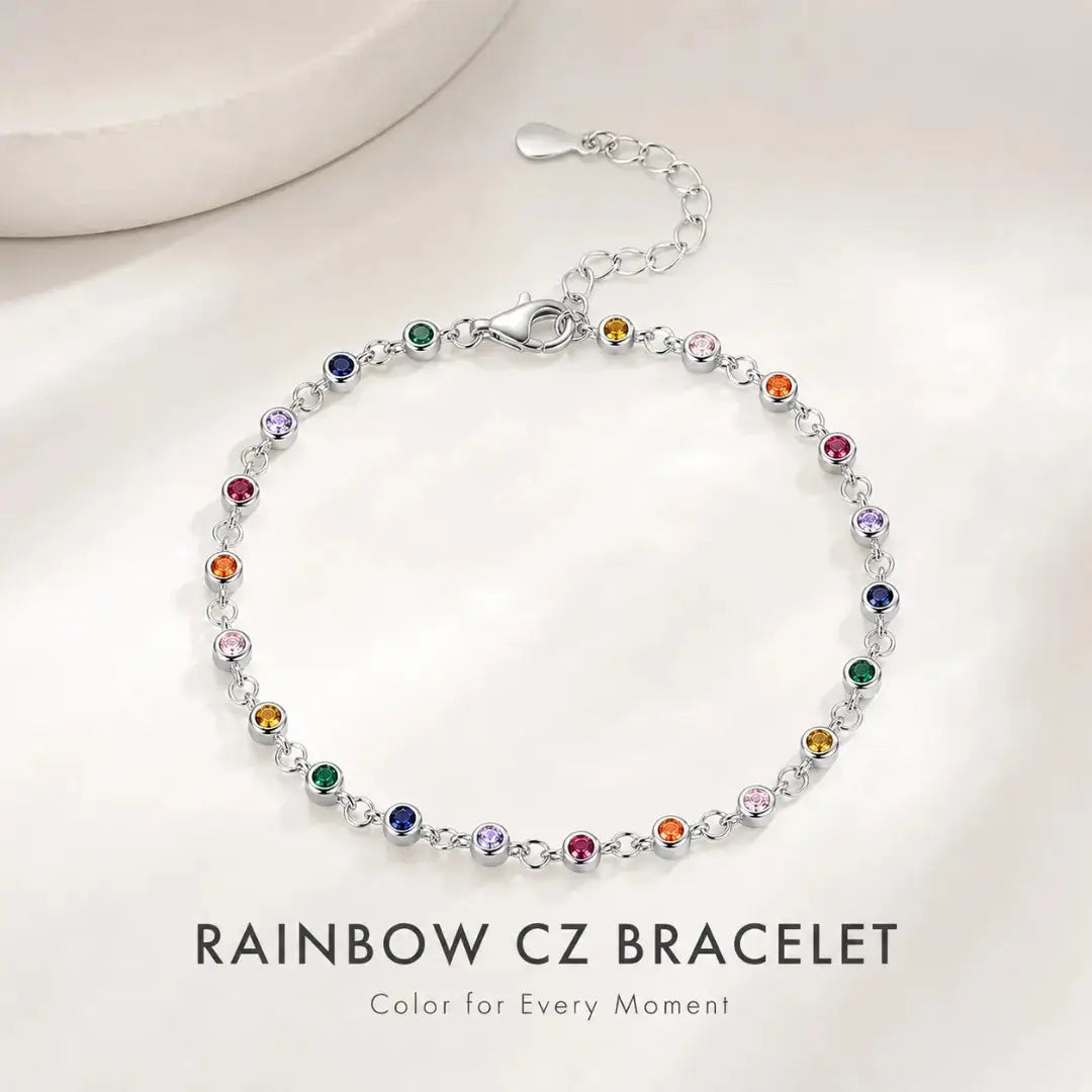 Bohemian Rainbow CZ Charm Chain Bracelet in 925 Sterling Silver for Women