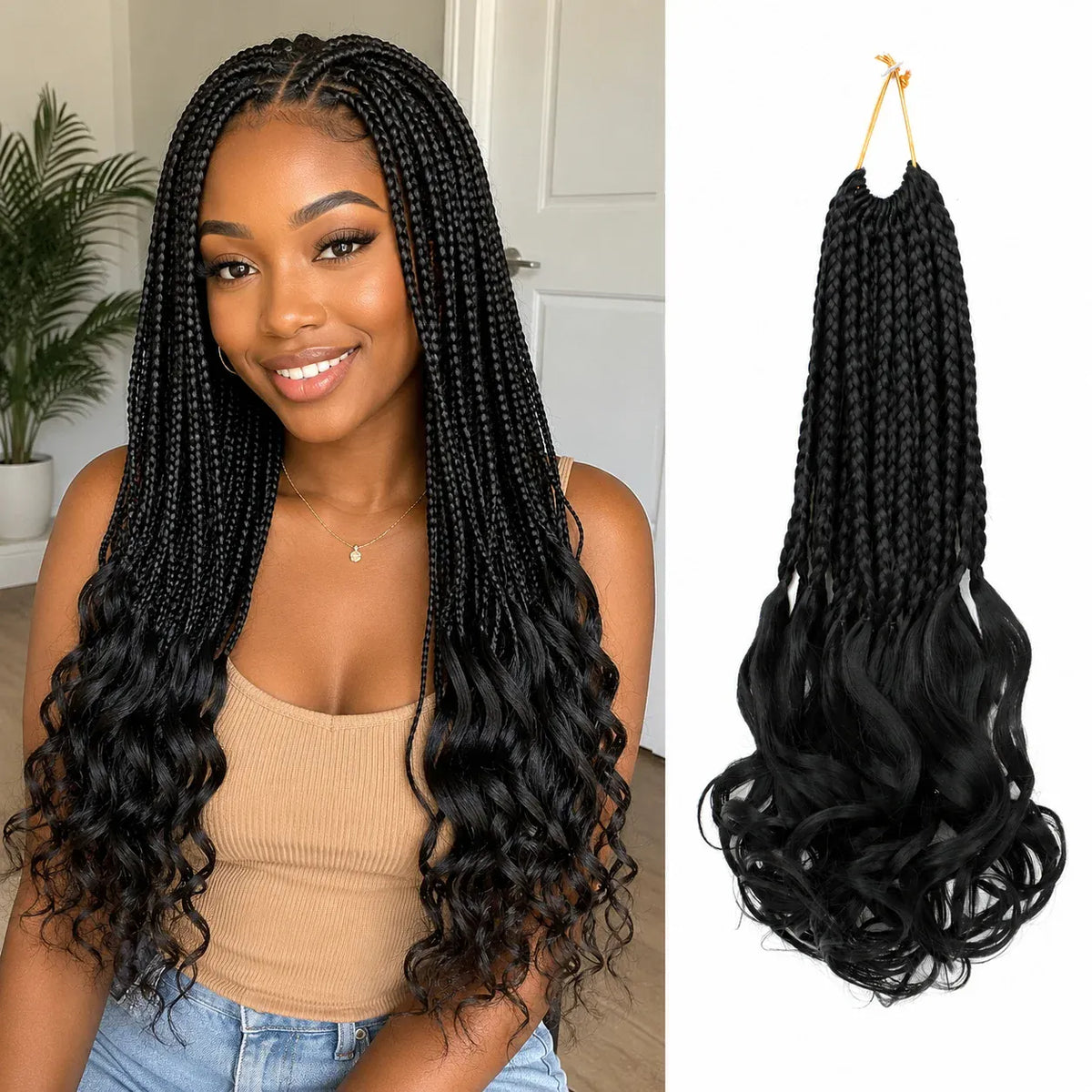 Boho French Curl Crochet Hair Three Strand Goddess Braids Pre Looped Synthetic Extensions Curly Ends Boho Protective Black Women