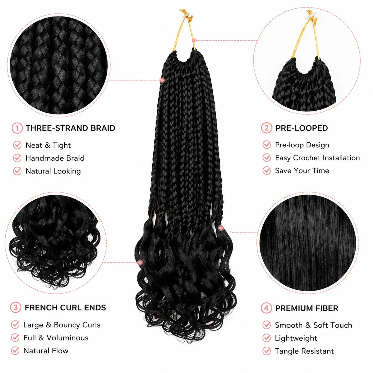 Boho French Curl Crochet Hair Three Strand Goddess Braids Pre Looped Synthetic Extensions Curly Ends Boho Protective Black Women