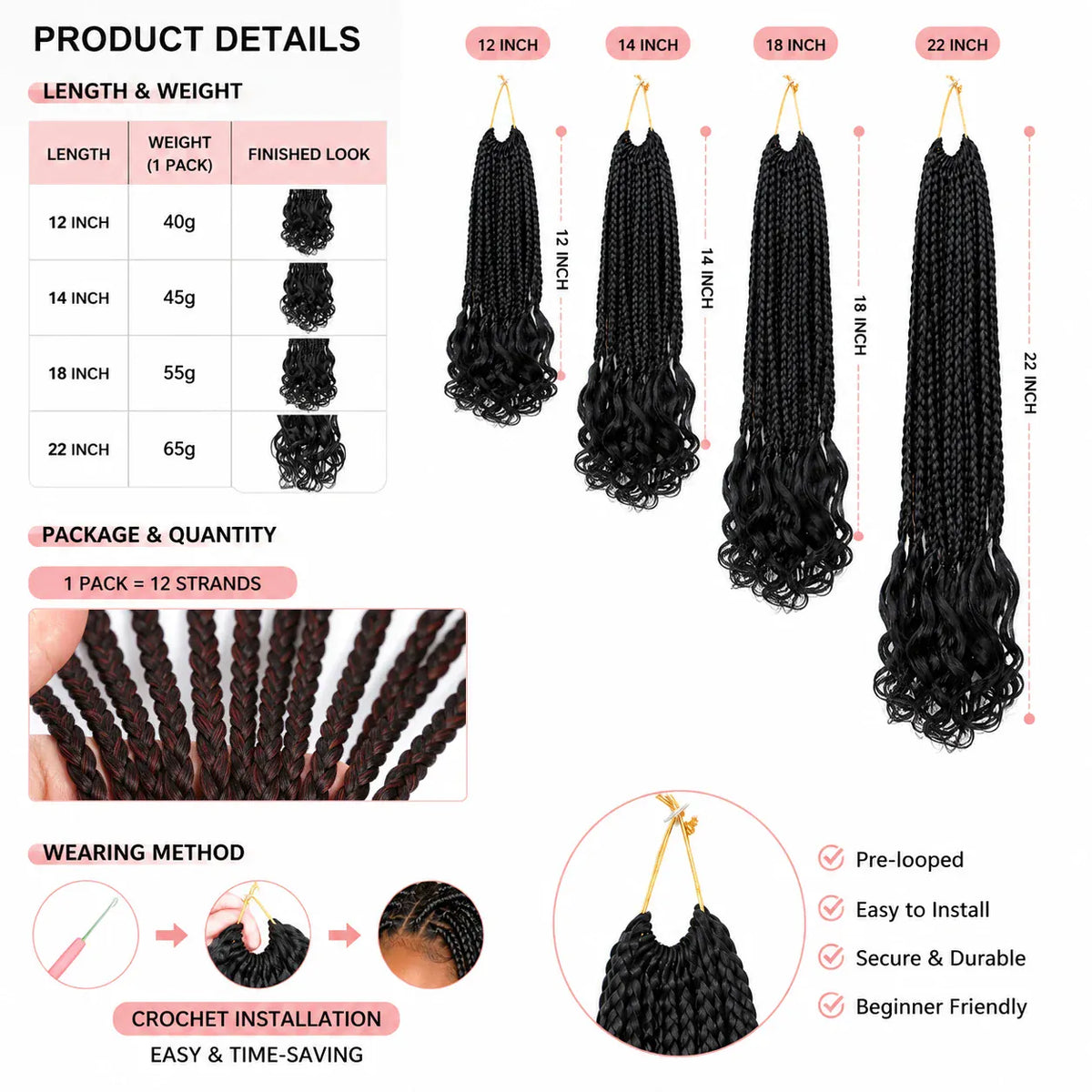 Boho French Curl Crochet Hair Three Strand Goddess Braids Pre Looped Synthetic Extensions Curly Ends Boho Protective Black Women