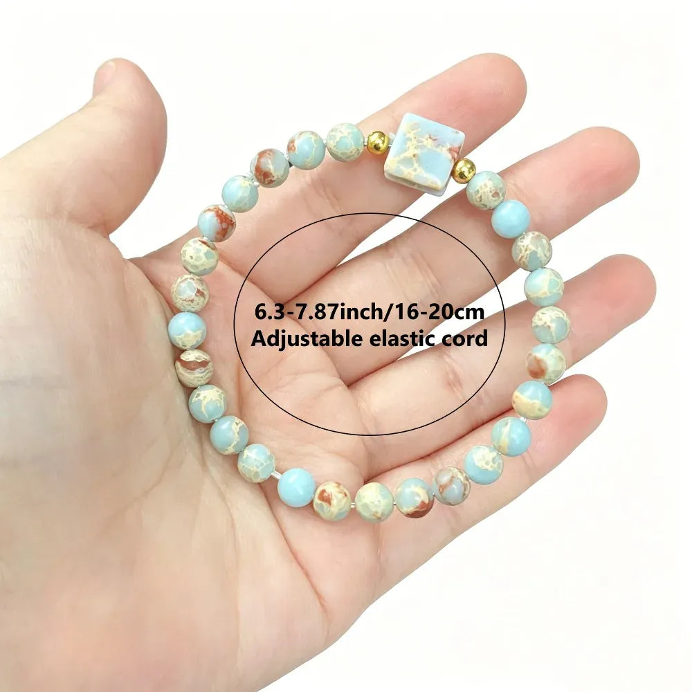 Boho Natural Shoushan Stone Beaded Bracelet Women Square Flat Stone Charm Elastic Wristband Fashion Holiday Party Jewelry Gift