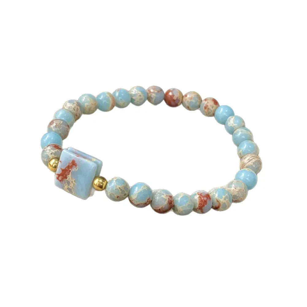 Boho Natural Shoushan Stone Beaded Bracelet Women Square Flat Stone Charm Elastic Wristband Fashion Holiday Party Jewelry Gift