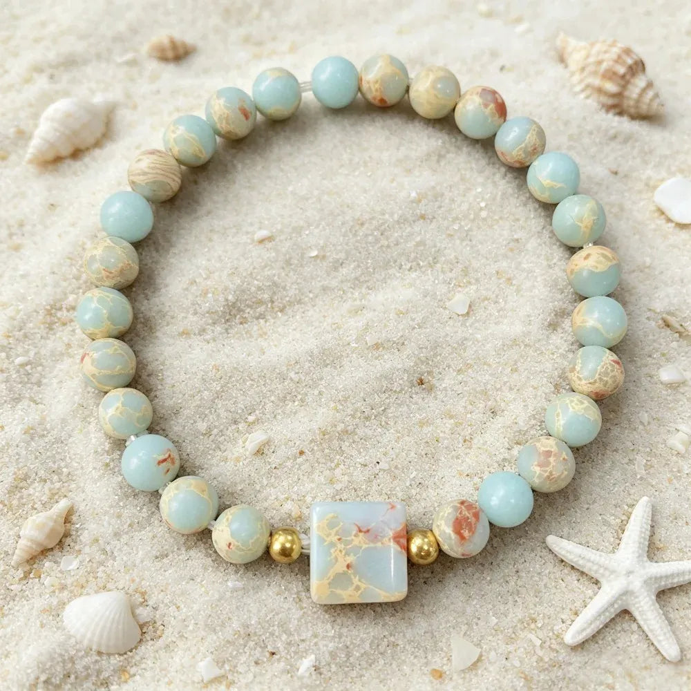 Boho Natural Shoushan Stone Beaded Bracelet Women Square Flat Stone Charm Elastic Wristband Fashion Holiday Party Jewelry Gift