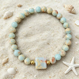 Boho Natural Shoushan Stone Beaded Bracelet Women Square Flat Stone Charm Elastic Wristband Fashion Holiday Party Jewelry Gift