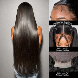 (Bout Chen) Bone Straight Human Hair HD Lace Front Wig 13x4 or 13x6, 40 Inch, 180%-250% Density, Pre-Plucked