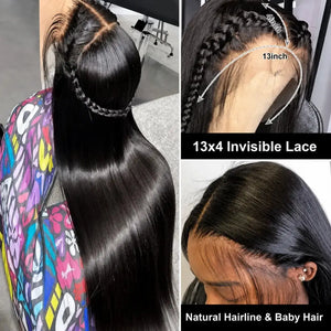 (Bout Chen) Bone Straight Human Hair HD Lace Front Wig 13x4 or 13x6, 40 Inch, 180%-250% Density, Pre-Plucked