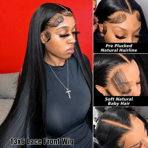 (Bout Chen) Bone Straight Human Hair HD Lace Front Wig 13x4 or 13x6, 40 Inch, 180%-250% Density, Pre-Plucked