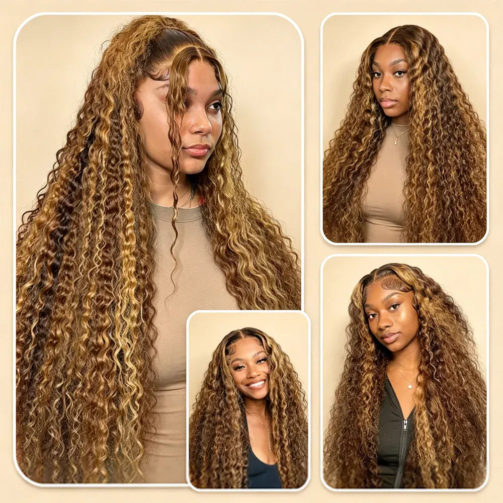 Brown & Blonde Ombre Deep Wave Human Hair Wig, 13x4 HD Lace Front, 200% Density, Pre-Plucked with Baby Hair