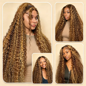 Brown & Blonde Ombre Deep Wave Human Hair Wig, 13x4 HD Lace Front, 200% Density, Pre-Plucked with Baby Hair