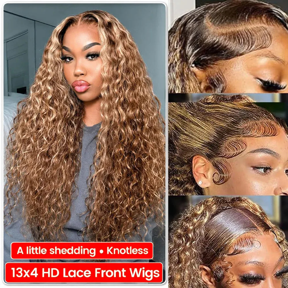 Brown & Blonde Ombre Deep Wave Human Hair Wig, 13x4 HD Lace Front, 200% Density, Pre-Plucked with Baby Hair