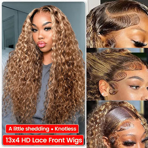 Brown & Blonde Ombre Deep Wave Human Hair Wig, 13x4 HD Lace Front, 200% Density, Pre-Plucked with Baby Hair