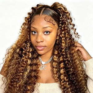 Brown & Blonde Ombre Deep Wave Human Hair Wig, 13x4 HD Lace Front, 200% Density, Pre-Plucked with Baby Hair