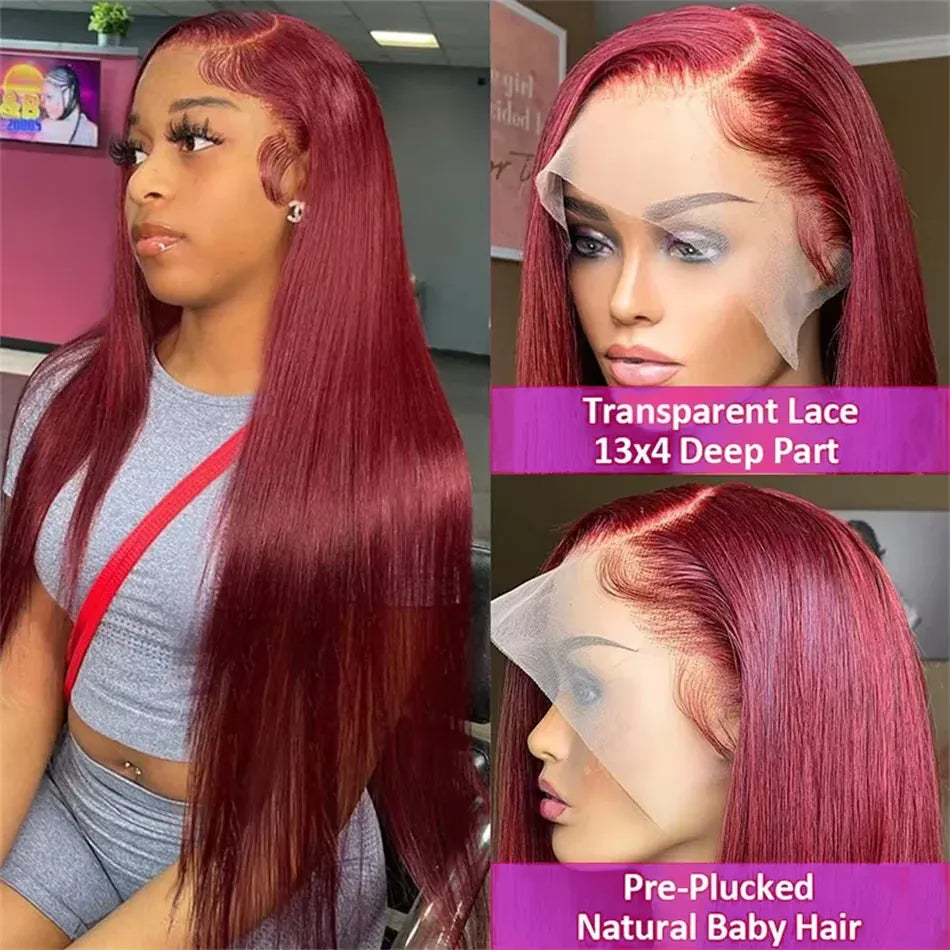 Burgundy 13x6 HD Lace Frontal Human Hair Wig Glueless Bone Straight Wig 13x4 Lace Front Wigs For Women 99J Colored 200 Density