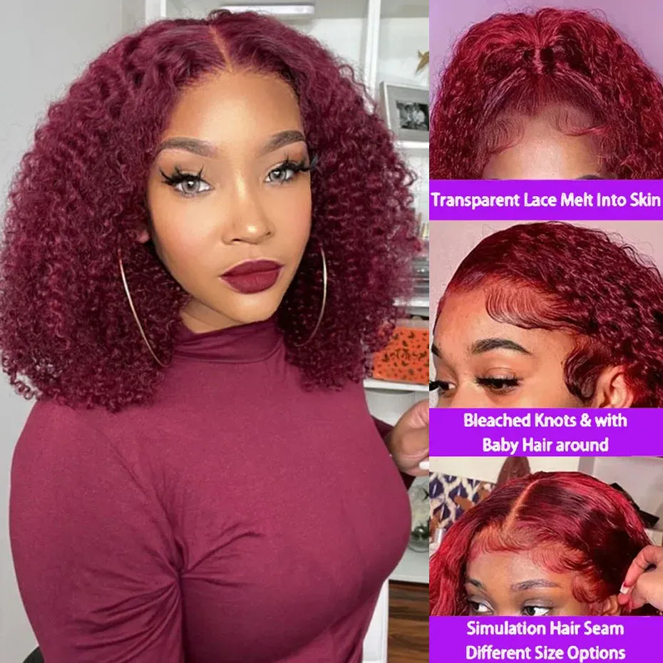 Burgundy Red #99J Short Bob Wig 13x4 HD Lace Front Wig 100% Human Hair Loose Deep Wave Bob Wigs Lace Wigs For Women 250% Density