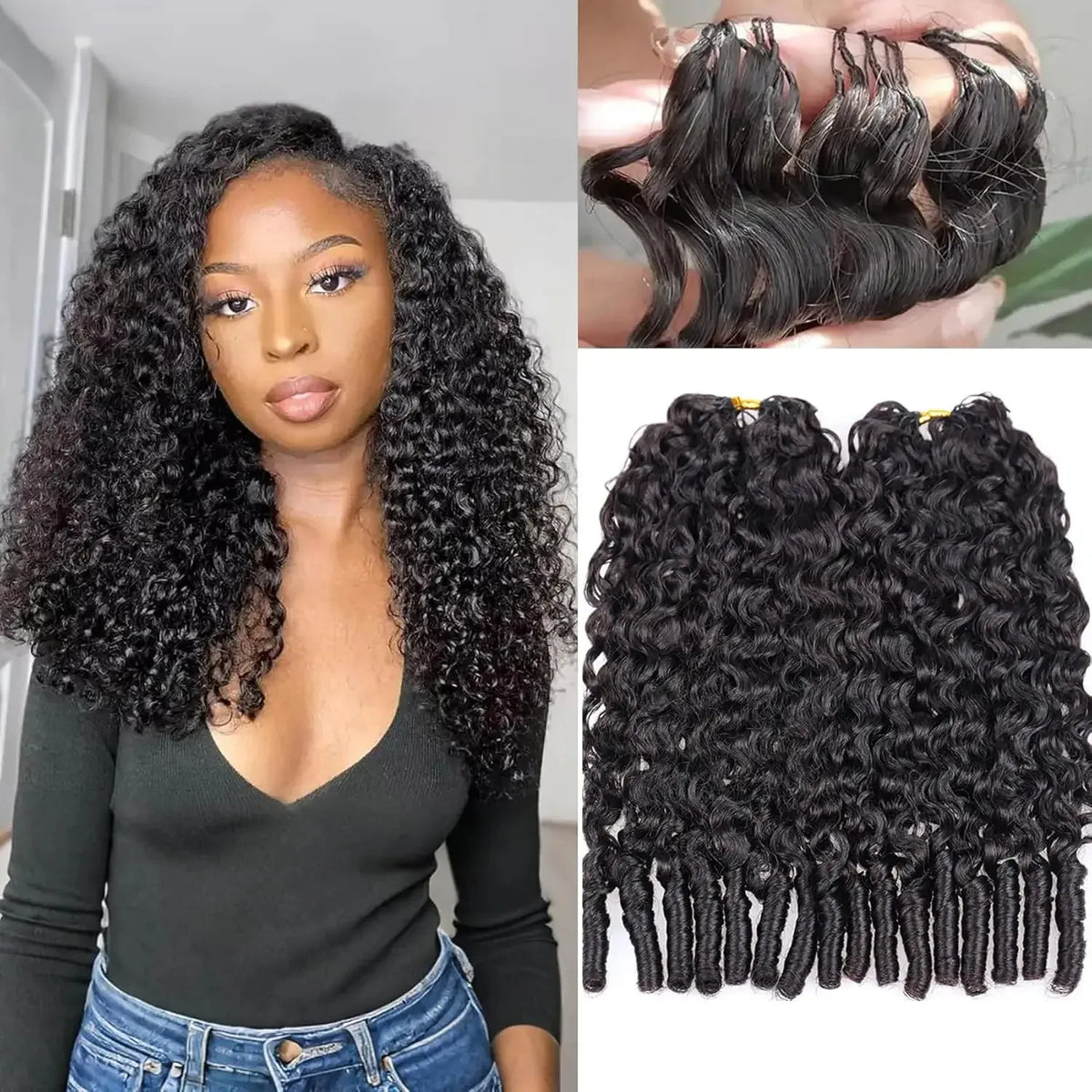 Burmese Curly Crochet Human Hair 26inch 300g Knotless Pre-Separated Feather Human Crochet Hair Lightweight Reusable Remy Hair Extensions With Spiral Curl for Women Natural Black Color