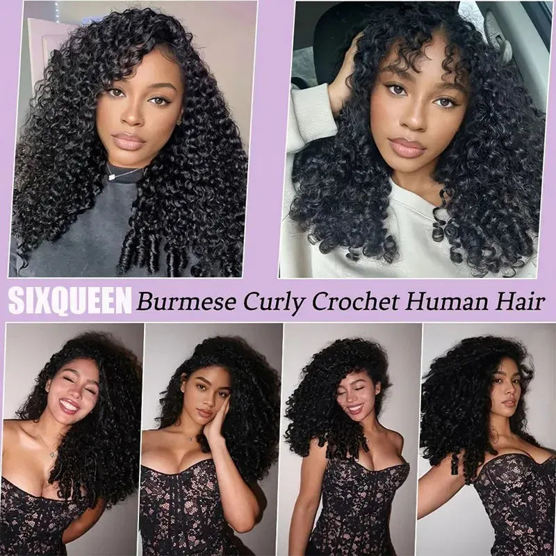 Burmese Curly Crochet Human Hair 26inch 300g Knotless Pre-Separated Feather Human Crochet Hair Lightweight Reusable Remy Hair Extensions With Spiral Curl for Women Natural Black Color