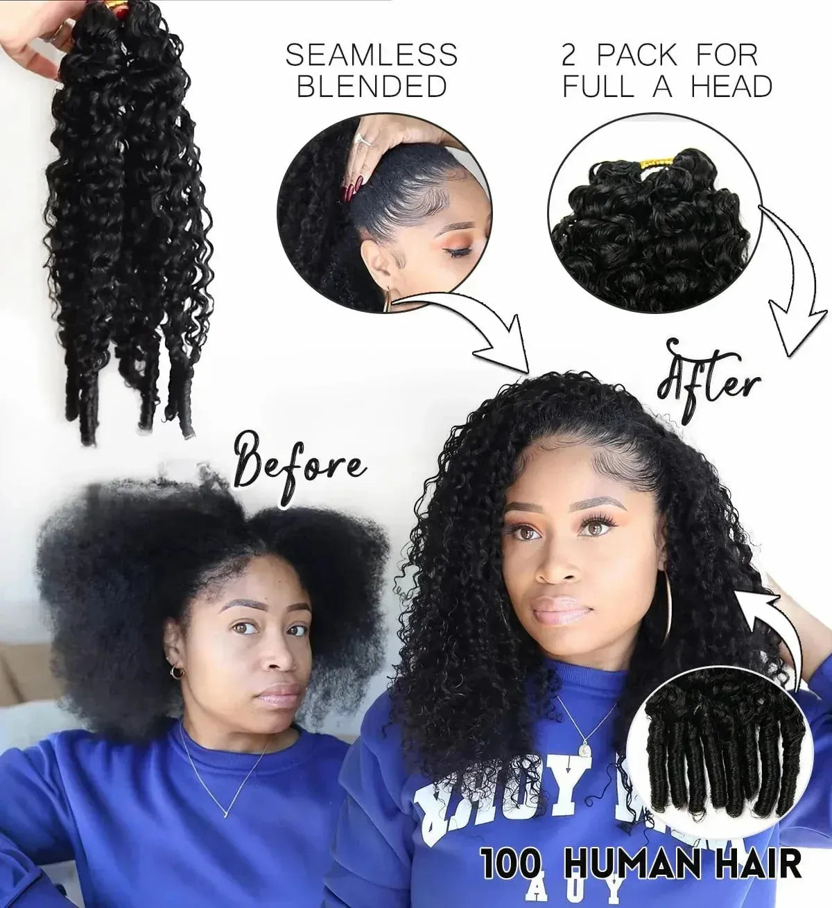 Burmese Curly Crochet Human Hair 26inch 300g Knotless Pre-Separated Feather Human Crochet Hair Lightweight Reusable Remy Hair Extensions With Spiral Curl for Women Natural Black Color
