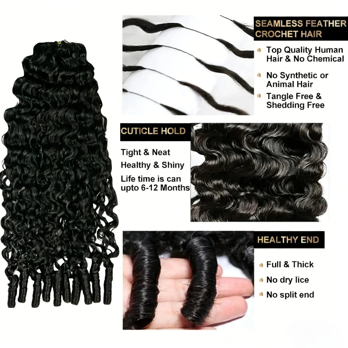 Burmese Curly Crochet Human Hair 26inch 300g Knotless Pre-Separated Feather Human Crochet Hair Lightweight Reusable Remy Hair Extensions With Spiral Curl for Women Natural Black Color