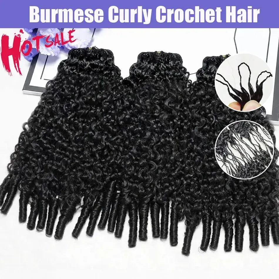 Burmese Curly Crochet Human Hair 26inch 300g Knotless Pre-Separated Feather Human Crochet Hair Lightweight Reusable Remy Hair Extensions With Spiral Curl for Women Natural Black Color