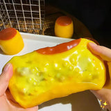 Caramel pudding-themed crunchy squishy fidget toy from HSF Marketplace, soft sensory stress relief squeeze ball for anxiety relief