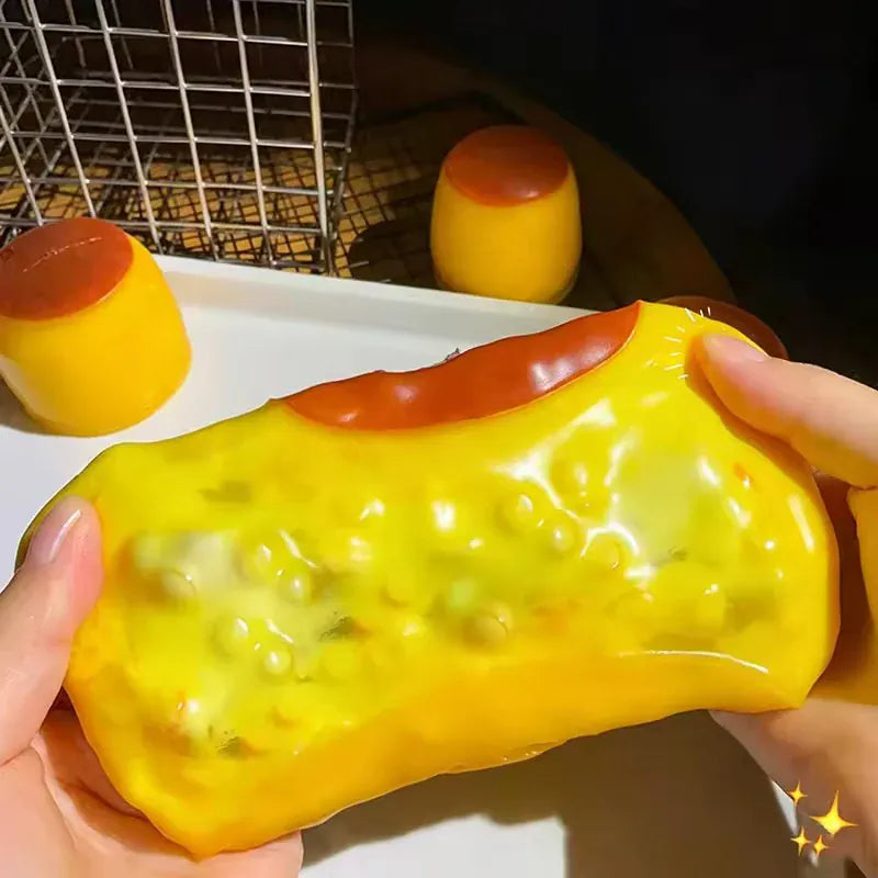 Caramel pudding-themed crunchy squishy fidget toy from HSF Marketplace, soft sensory stress relief squeeze ball for anxiety relief
