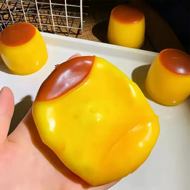 Caramel pudding-themed sensory fidget toy from HSF Marketplace, soft squishy stress relief squeeze ball with crunchy texture.