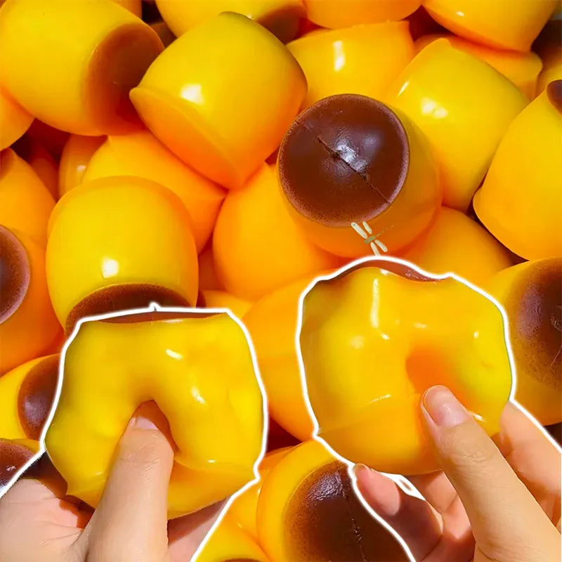Caramel pudding-themed crunchy squishy fidget toy by HSF Marketplace, soft sensory stress relief squeeze ball for relaxation and focus.